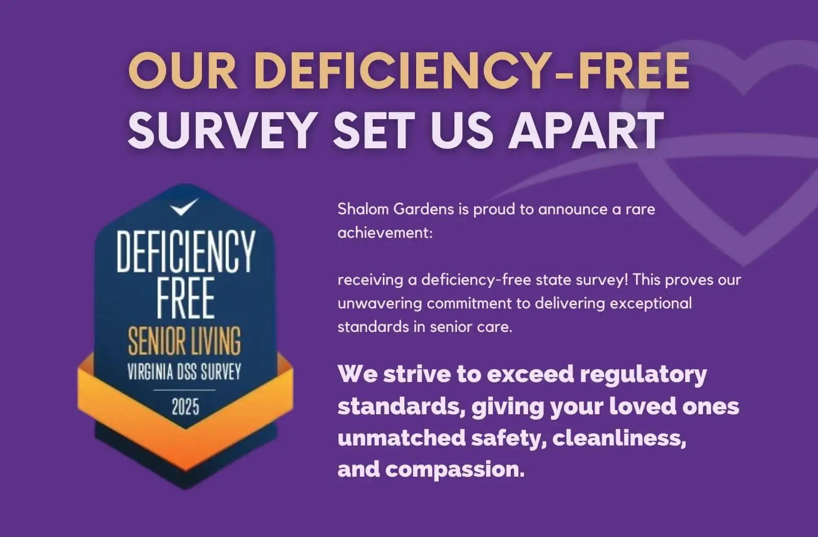 Infographic highlighting Sebastien Gardens' achievement of a deficiency-free survey, emphasizing their commitment to exceptional standards in senior care, safety, cleanliness, and compassion.