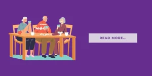 Elderly couple enjoying refreshments together at a table, promoting connection and companionship, with a call-to-action to read more.