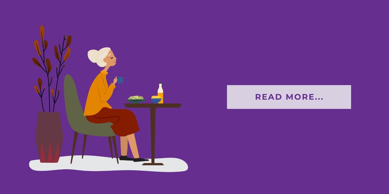 Blog Header Illustration of a senior eating nutritious meal for memory care and brain health and it says 'read more'