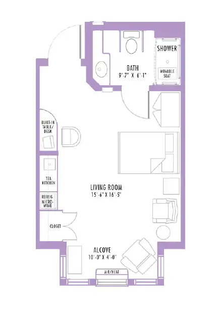 Floor plan of a one-bedroom apartment featuring a living room, alcove, bath with shower, and a tea kitchen. Dimensions include living room (15'6" x 16'5"), alcove (10'0" x 4'0"), and bath (9'7" x 6'1"). Includes built-in desk, refrigerator, and microwave.