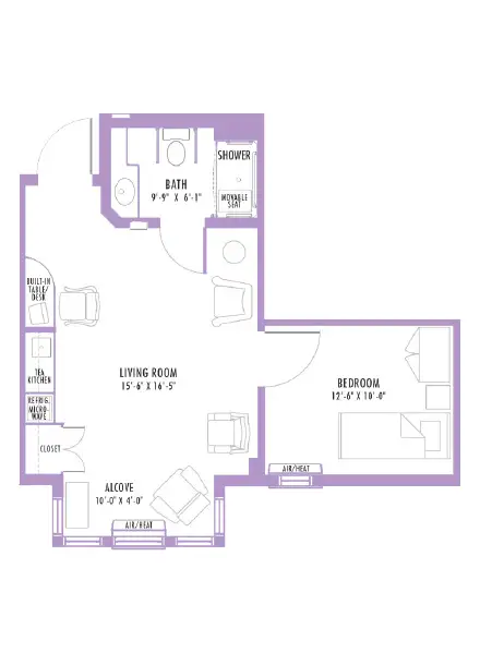Apartment floor plan featuring a living room, bedroom, bath, and alcove, with measurements labeled for each room, designed for optimal space utilization.