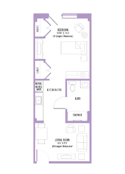 Floor plan of a compact one-bedroom apartment featuring a living room, kitchenette, bathroom with shower, and dimensions for each room, ideal for efficient space utilization.