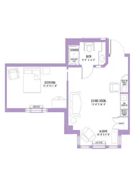 Floor plan of a one-bedroom apartment featuring a living room, bedroom, alcove, bath, and shower. The bedroom measures 15'8" x 11'0", the living room is 15'6" x 16'5", and the alcove is 10'0" x 4'0". The layout includes labeled areas for furniture placement and amenities.
