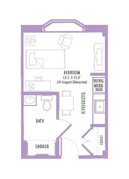 Floor plan of a compact living space featuring a 13.5' x 10' bedroom, kitchenette with refrigerator and microwave, bathroom with shower, and closet, designed for efficient use of space.