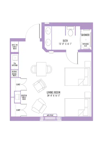 Floor plan layout of a one-bedroom apartment featuring a living room, bathroom with shower and bath, kitchen area, and built-in furniture such as desks and closets. Measurements included for key areas.