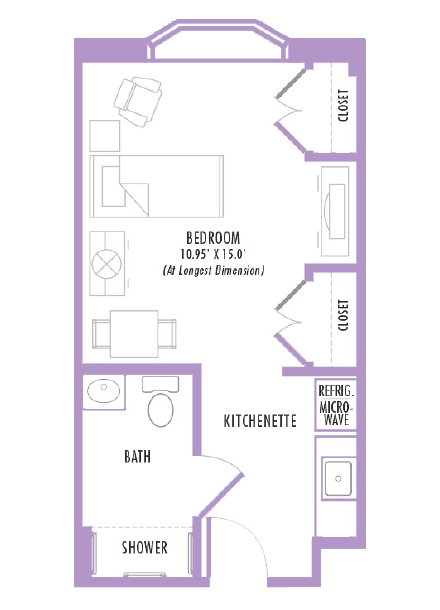 Floor plan of a compact living space featuring a bedroom measuring 10.95' x 15', a kitchenette, a bathroom with a shower, and two closets. The layout includes designated areas for furniture and appliances.